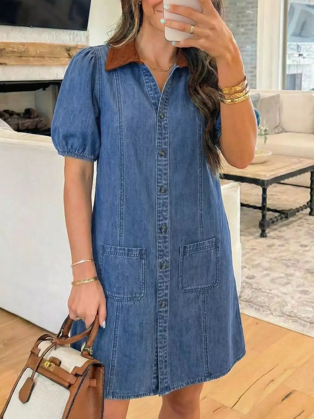 Drape Denim Button Front Short Sleeve Dress