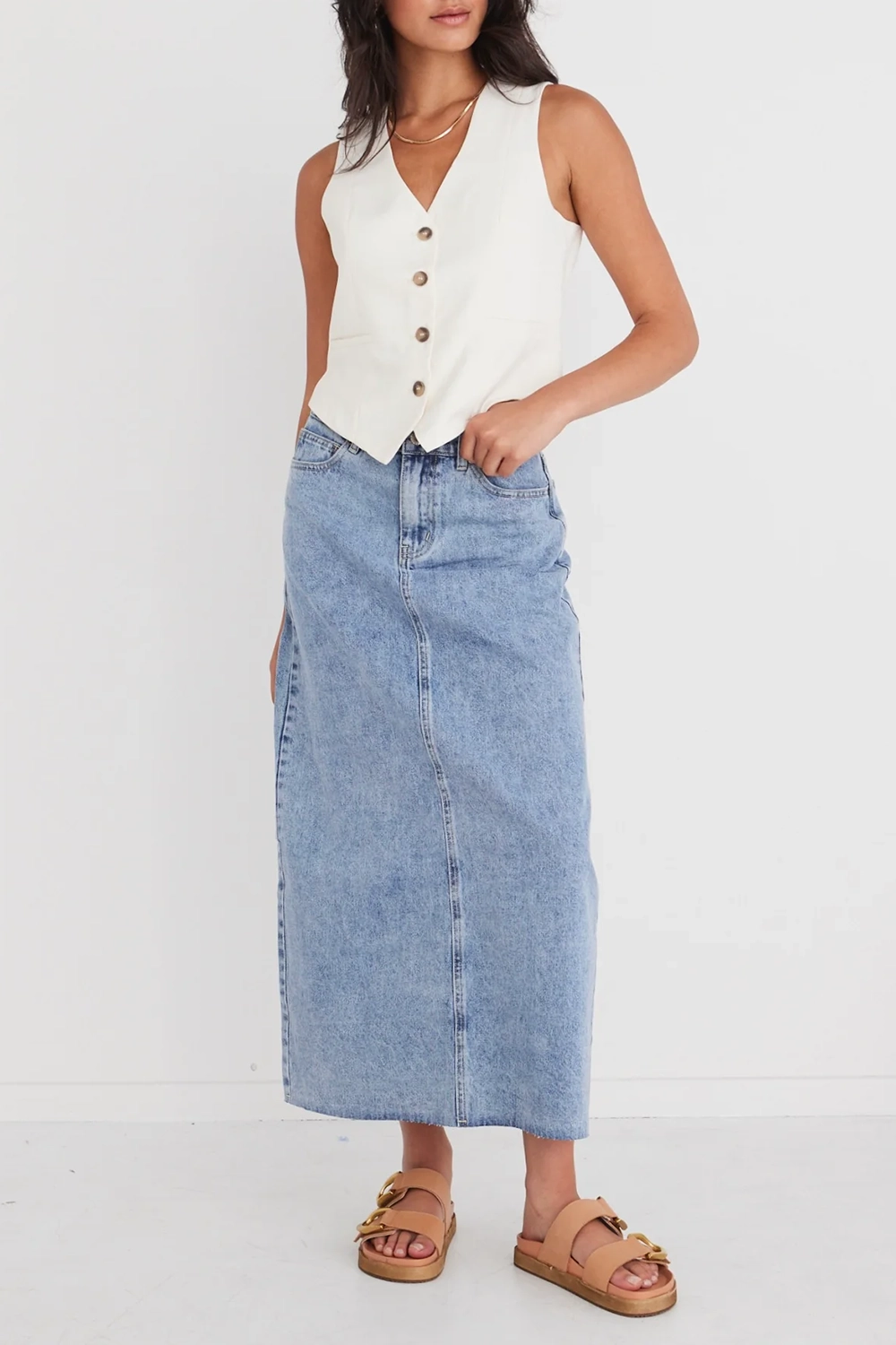 Vintage Blue Denim Midi Skirt