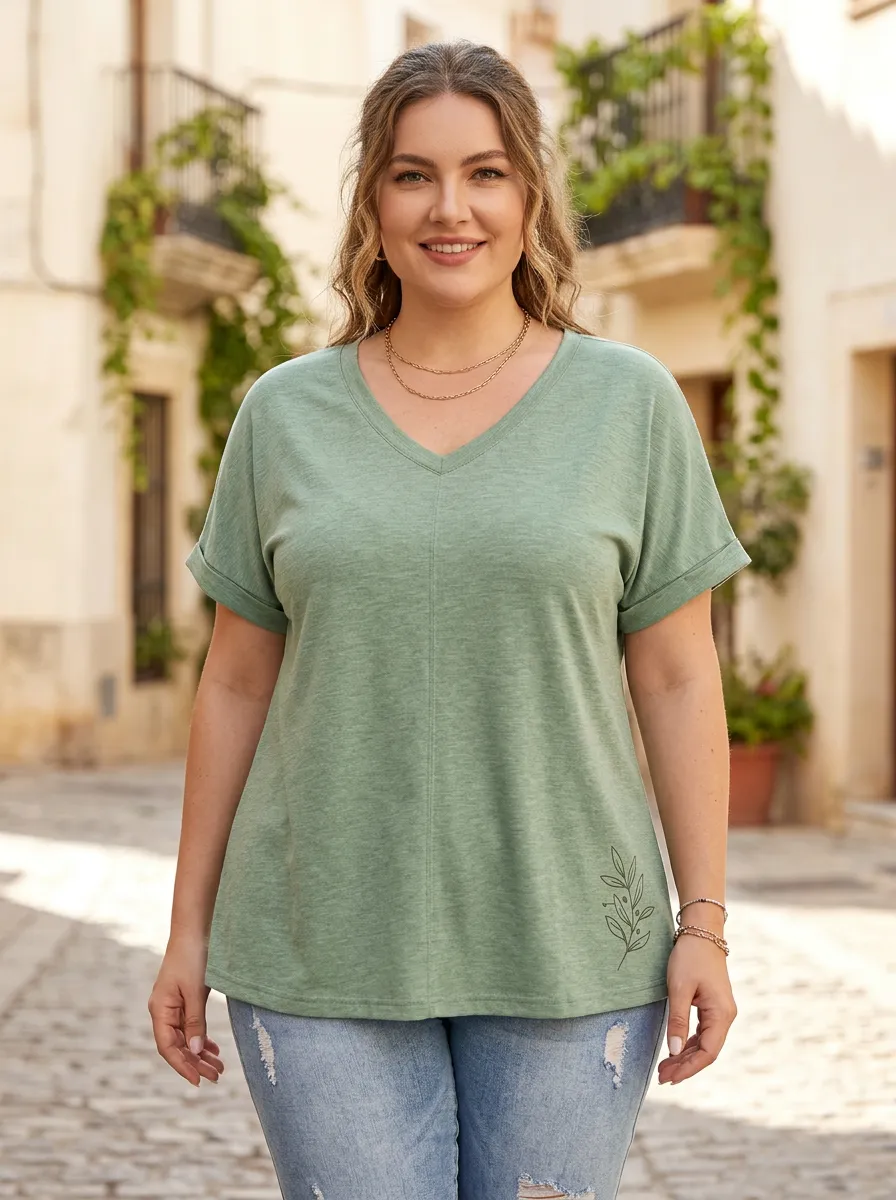 Women's Plus Size Sage Green V-Neck Tee with Cuffed Sleeves