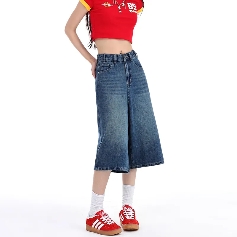 High Waist Wide Leg Denim Shorts