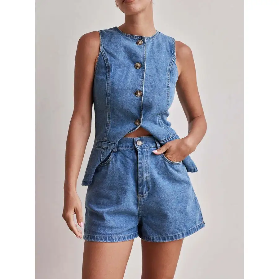 Relaxed Button Down Vest and Shorts Denim Set