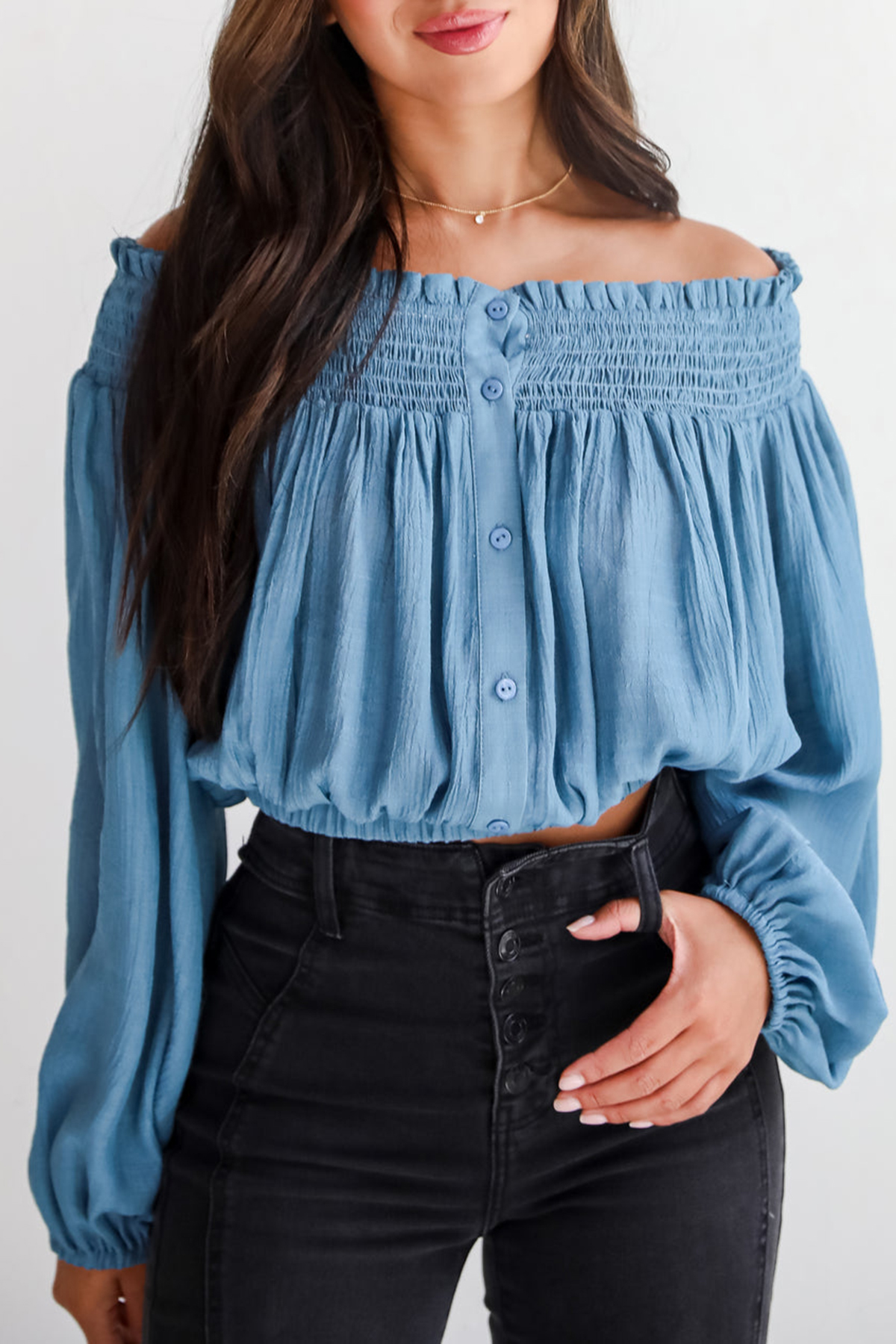 Utterly Pretty Blue Off-The-Shoulder Cropped Blouse