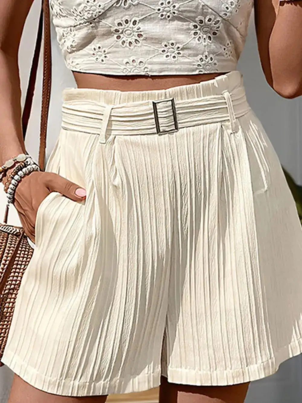 Textured High-Waist Shorts With Pockets