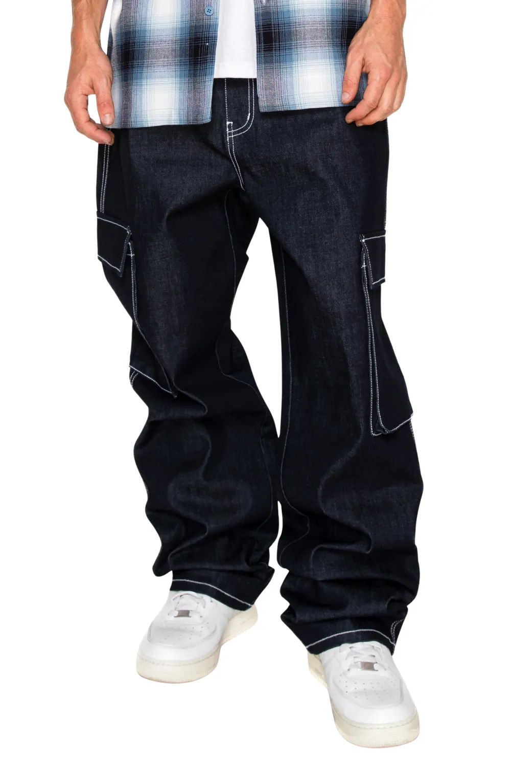 Men's Baggy Fit Raw Denim Cargo Jeans