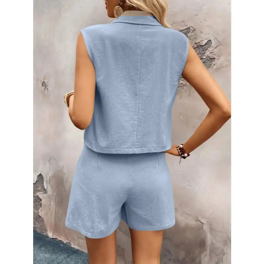 One Button Sleeveless Top and Shorts Set