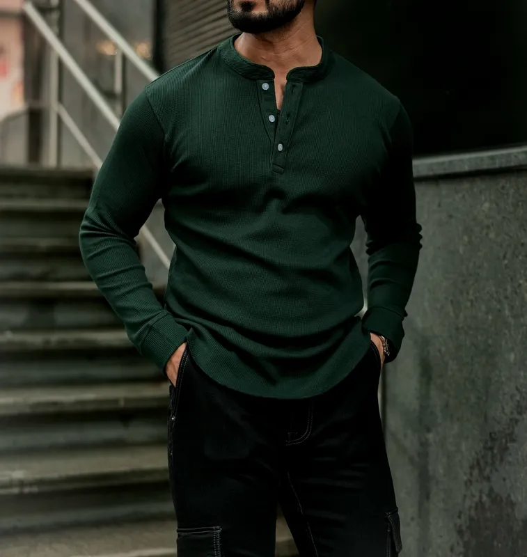 Dark Green Long Sleeve Henley Casual Shirt
