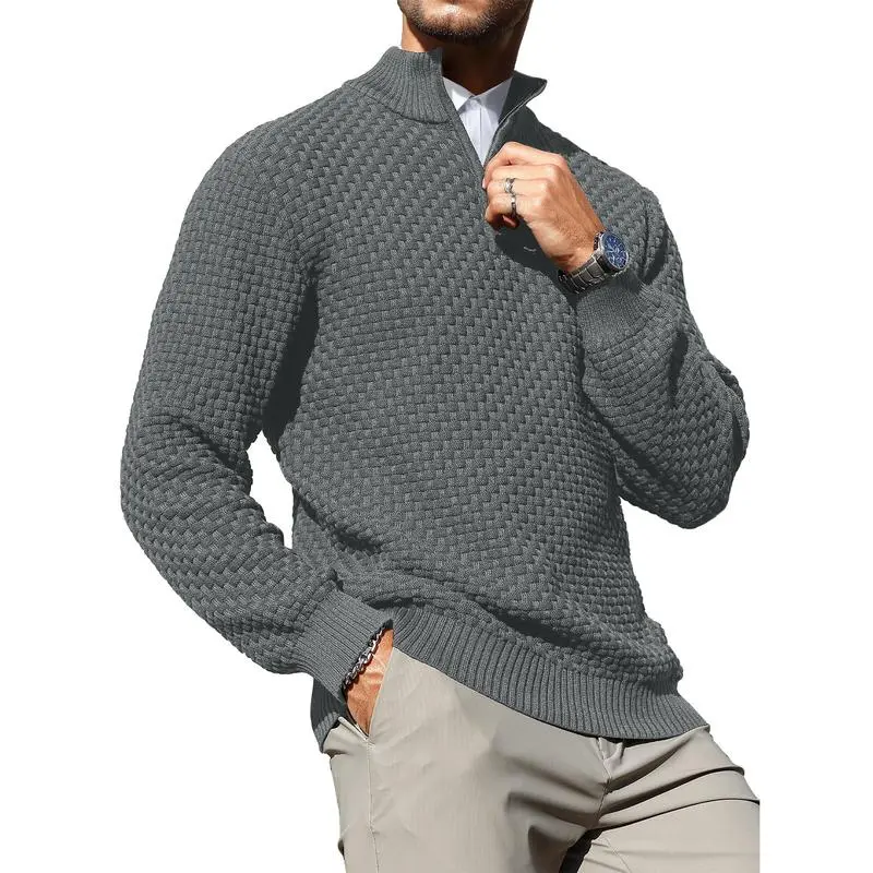 Men's Quarter-Zip Sweater Polo Zip Up Pullover Cable Knit Turtleneck Tops Long Sleeve