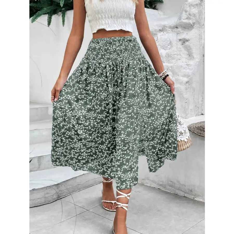 Slit Smocked Printed Skirt