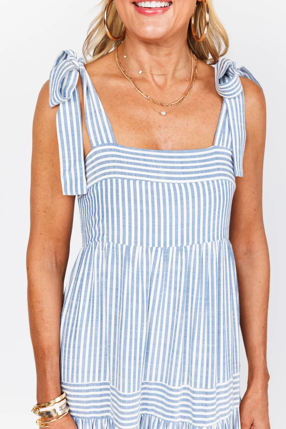 Blue Striped Sleeveless Tiered Maxi Dress