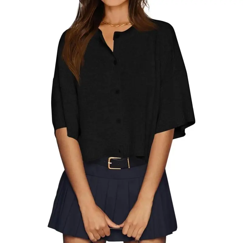 Womens Half Sleeve Cardigan Sweaters Cropped Button Down Tops Oversized Lightweight Ribbed Knit Summer Outfits