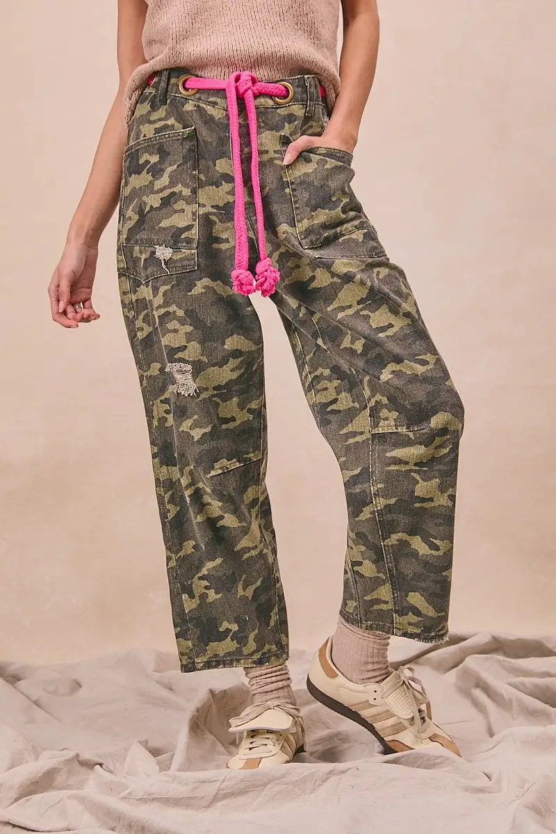 Sequin Camouflage Print High Rise Relaxed Fit Pants