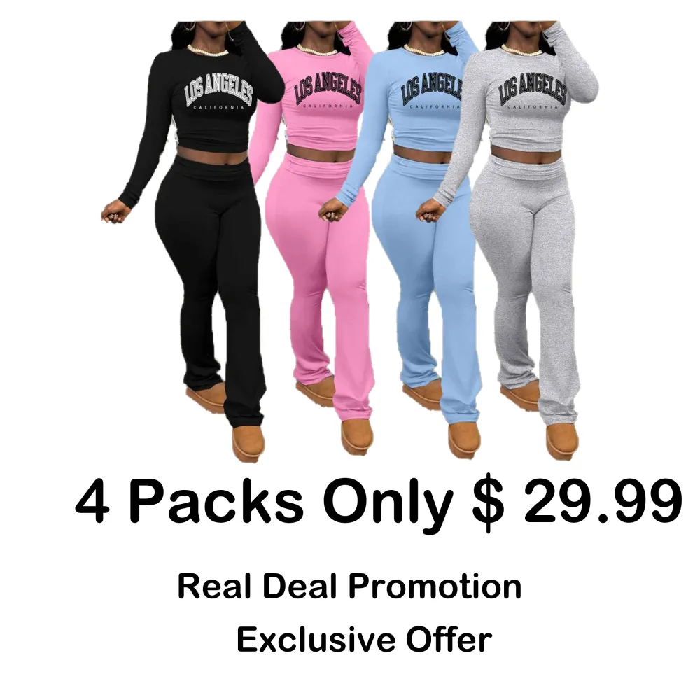 Women's Letter Print Long Sleeve Crop Tee & Plain Flare Leg Pants Two-Piece Set