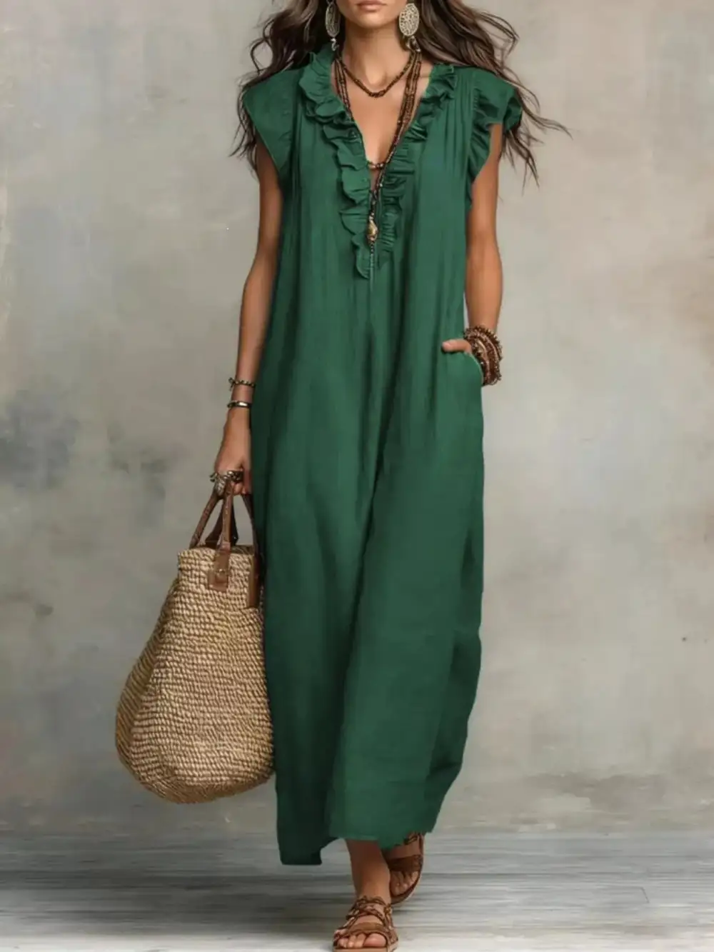 V-Neck Pocketed Maxi Dress