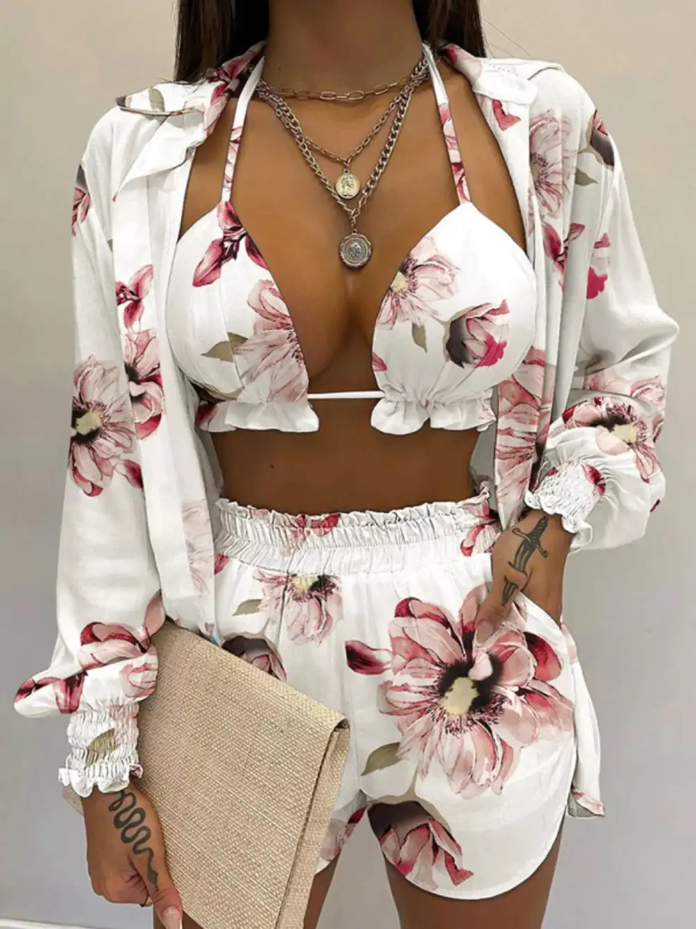 Halter Neck Cami Shirt Shorts Piece Outfit