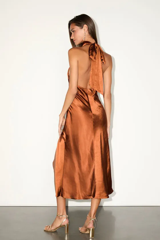 Exceptional Status Rust Halter Backless Slip Midi Dress