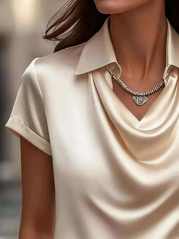 Cowl Neck Short Sleeve Satin Blouse Plus
