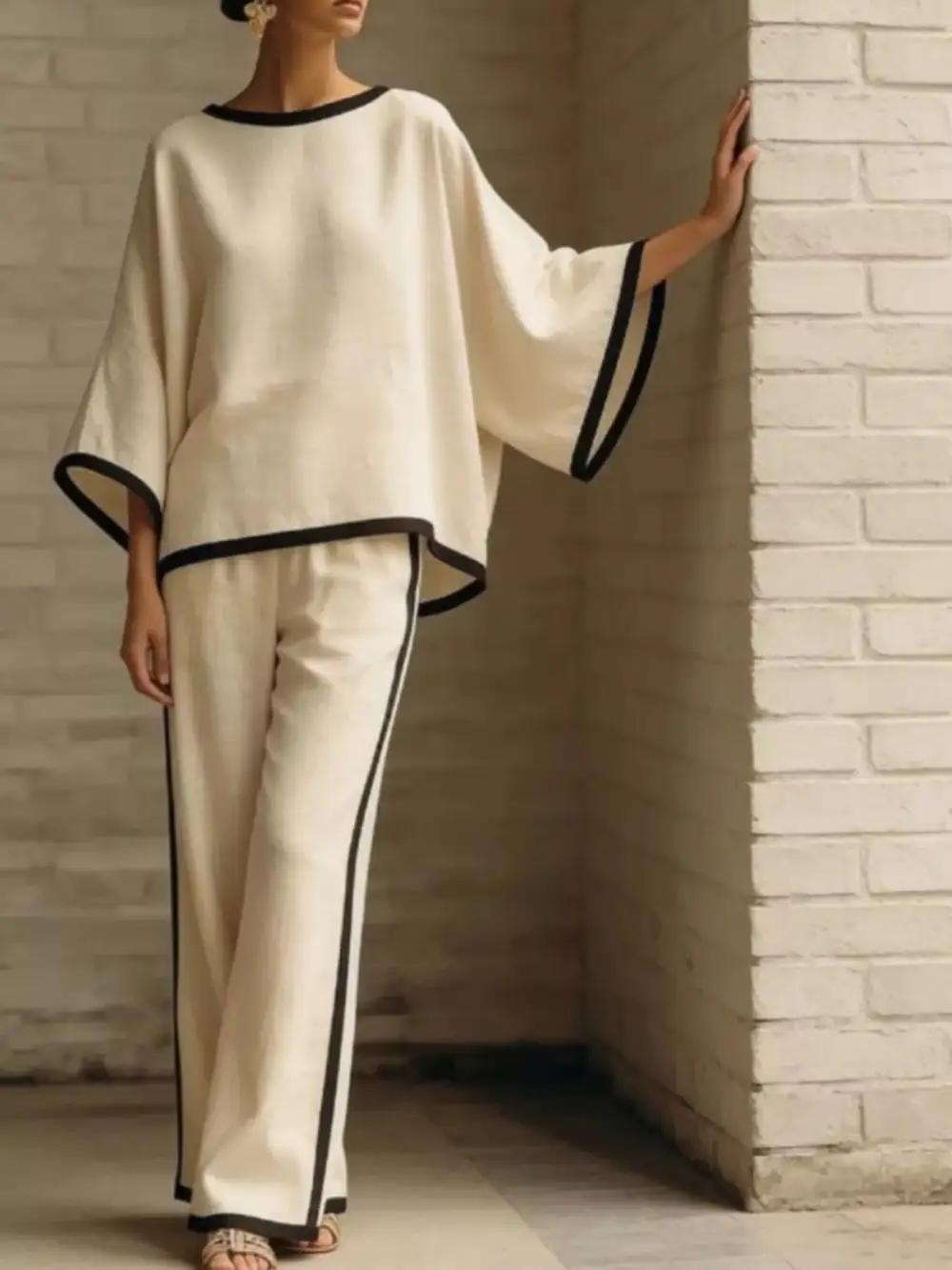 Full Size Contrast Trim Top and Wide Leg Pants