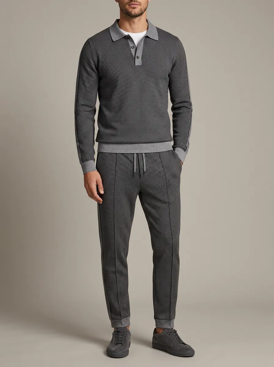 Men's Modern Houndstooth Polo Collar Jacket and Jogger Pants Set