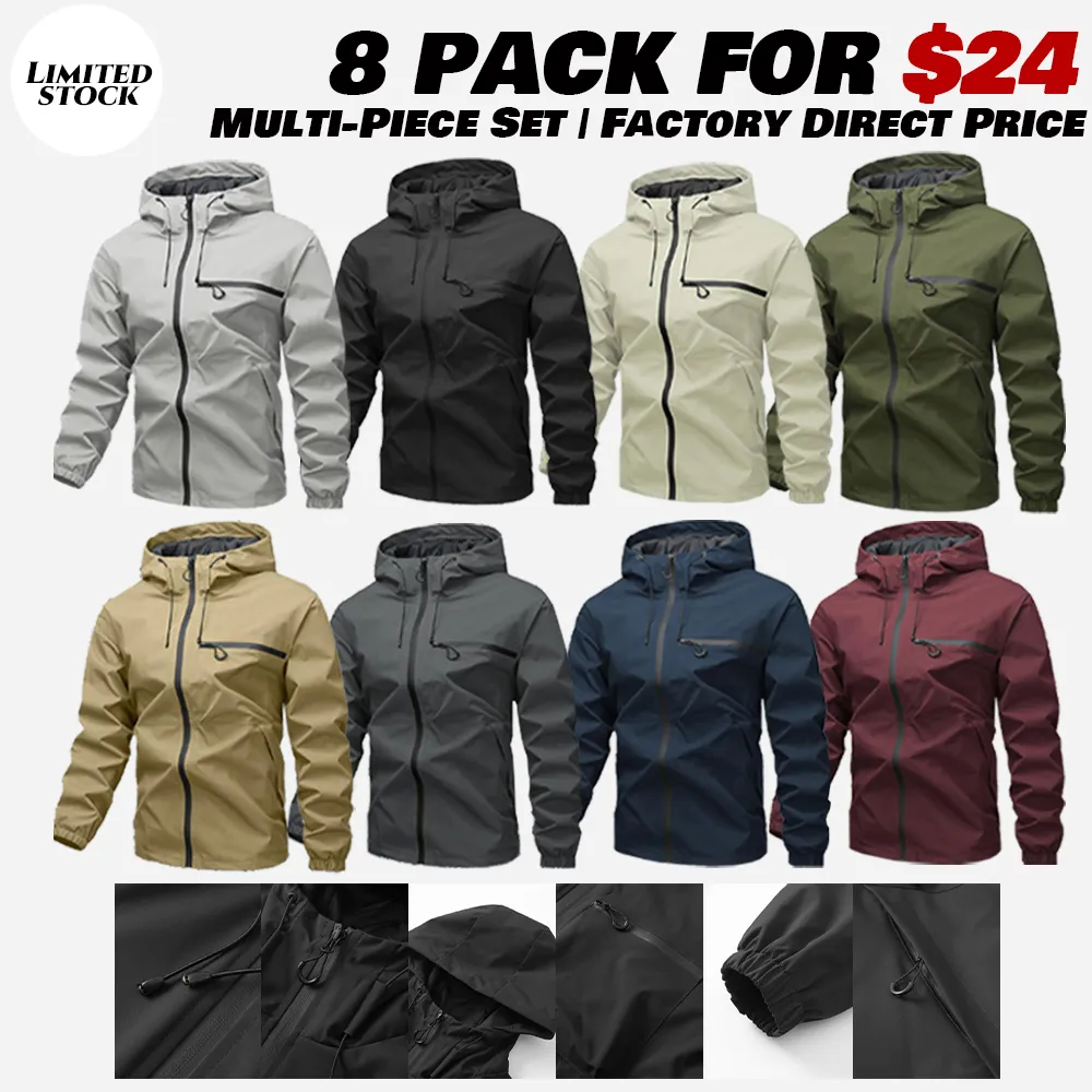 Men's Plain Waterproof Windproof Drawstring Zip Up Hooded Jacket, Casual Long Sleeve Zipper Pocket Design Outerwear for Outdoor Activities, Men's Clothes for All Seasons, Menswear m 65 jacket Stripe Print Baseball Bomber Jacket