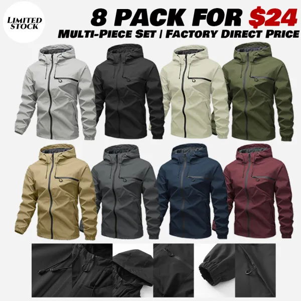 Men's Plain Waterproof Windproof Drawstring Zip Up Hooded Jacket, Casual Long Sleeve Zipper Pocket Design Outerwear for Outdoor Activities, Men's Clothes for All Seasons, Menswear m 65 jacket Stripe Print Baseball Bomber Jacket