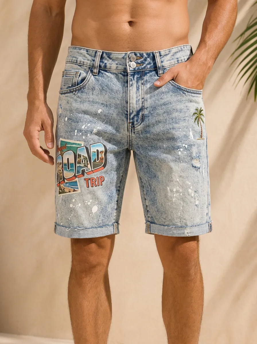 Men's Travel Lover Road Trip Palm Tree Printed Denim Shorts