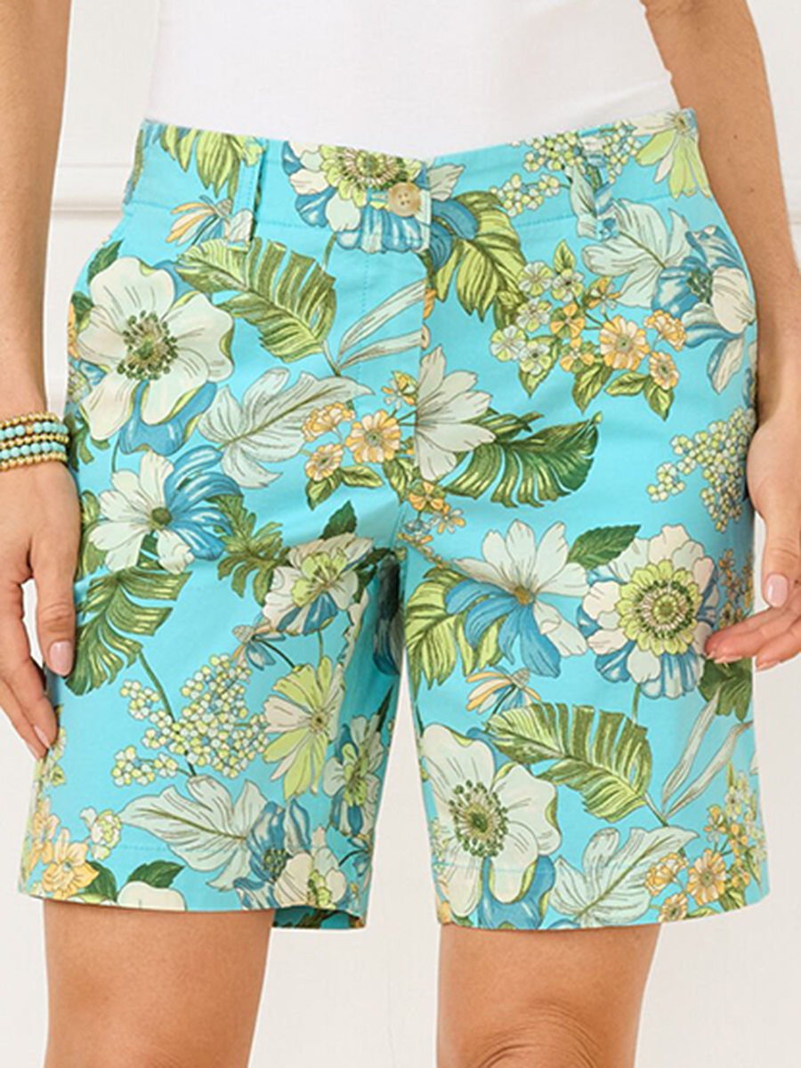 Women'S Chic Tropical-Print Loose-Fit Mid-Shorts