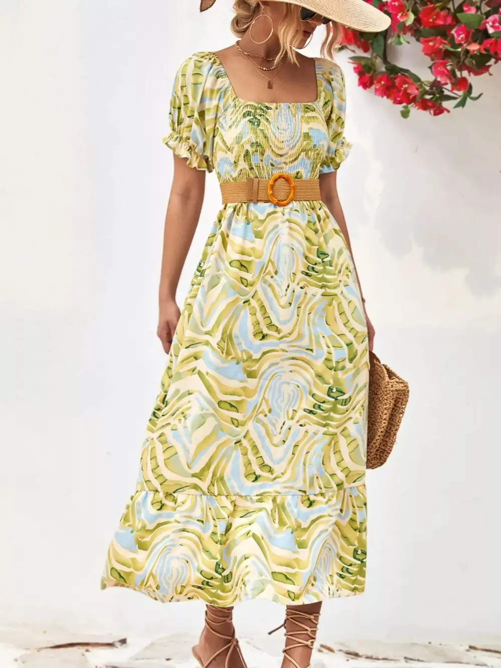 Printed Smocked Puff Sleeve Midi Dress