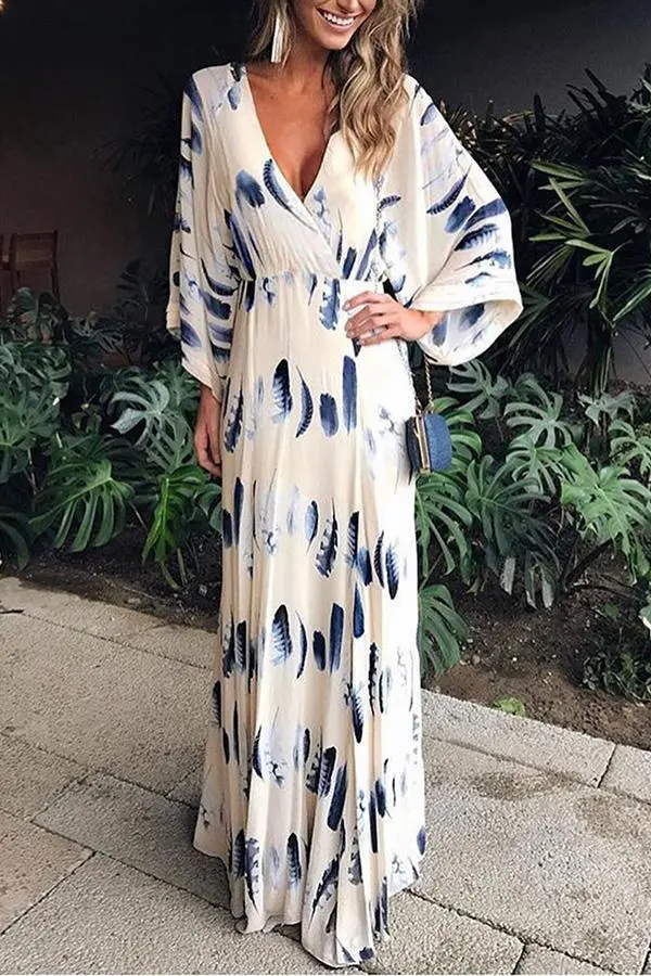 Sexy Floral Print Long Sleeves Vacation Maxi Dress