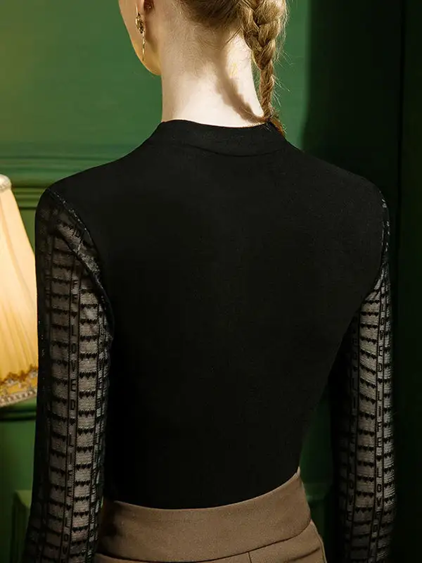Long Sleeve Curve Fit Cutout Jacquard Panel Detail Round Neck T-Shirt