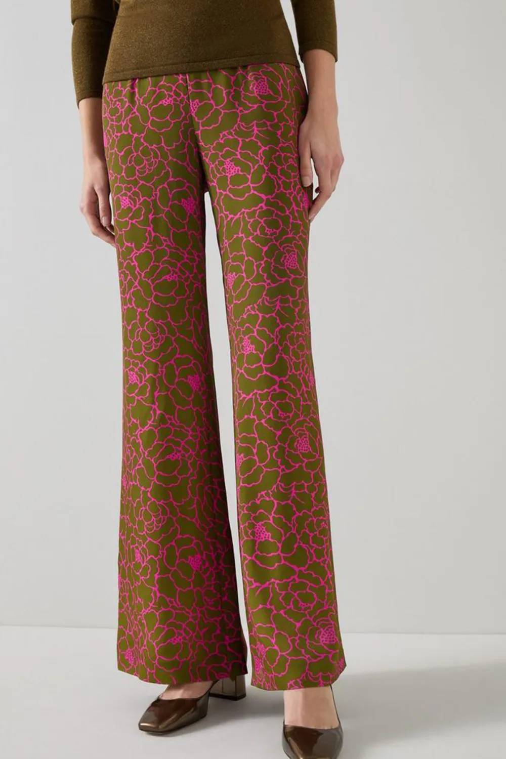 Brown Pink Patterned Flared Trousers