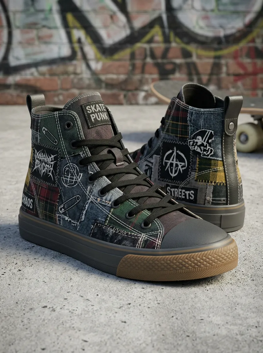 Men's Skate Punk Plaid Patchwork Printed Canvas Shoes