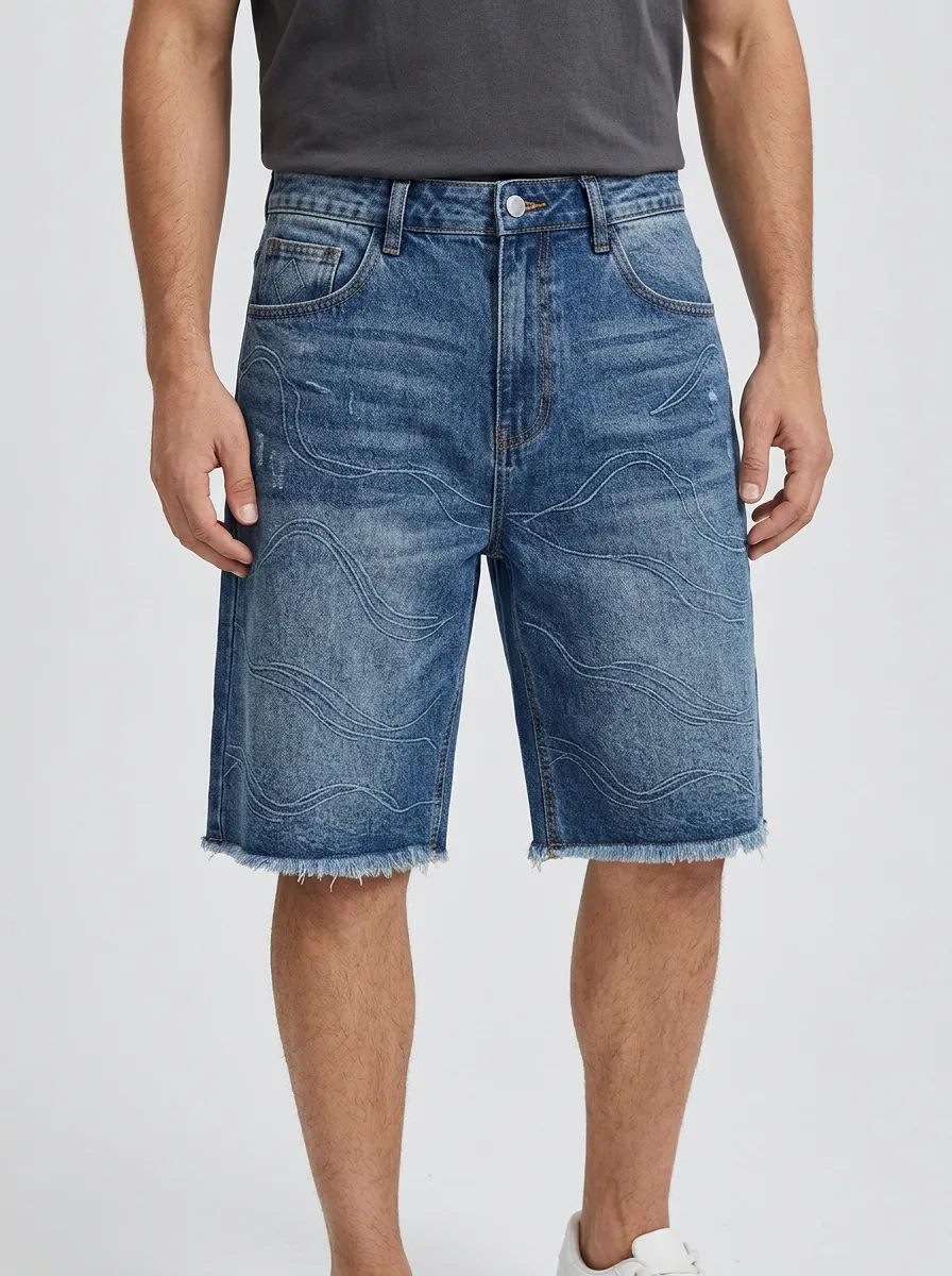 Men's Raw Hem Street Inspired Line Graphic Distressed Denim Shorts