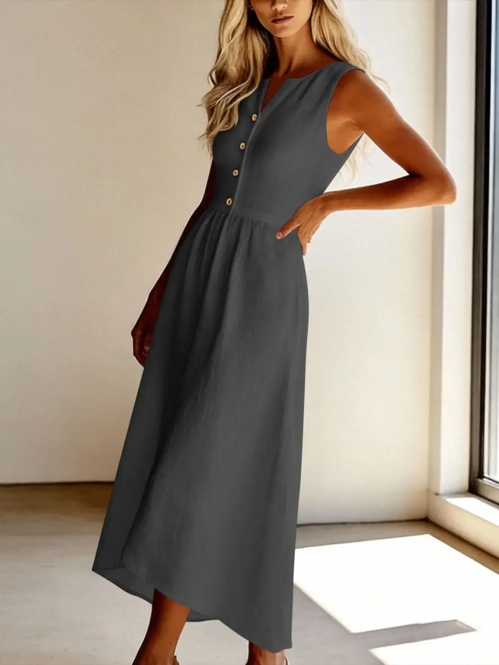 Clean Line Button Front Sleeveless Midi Dress