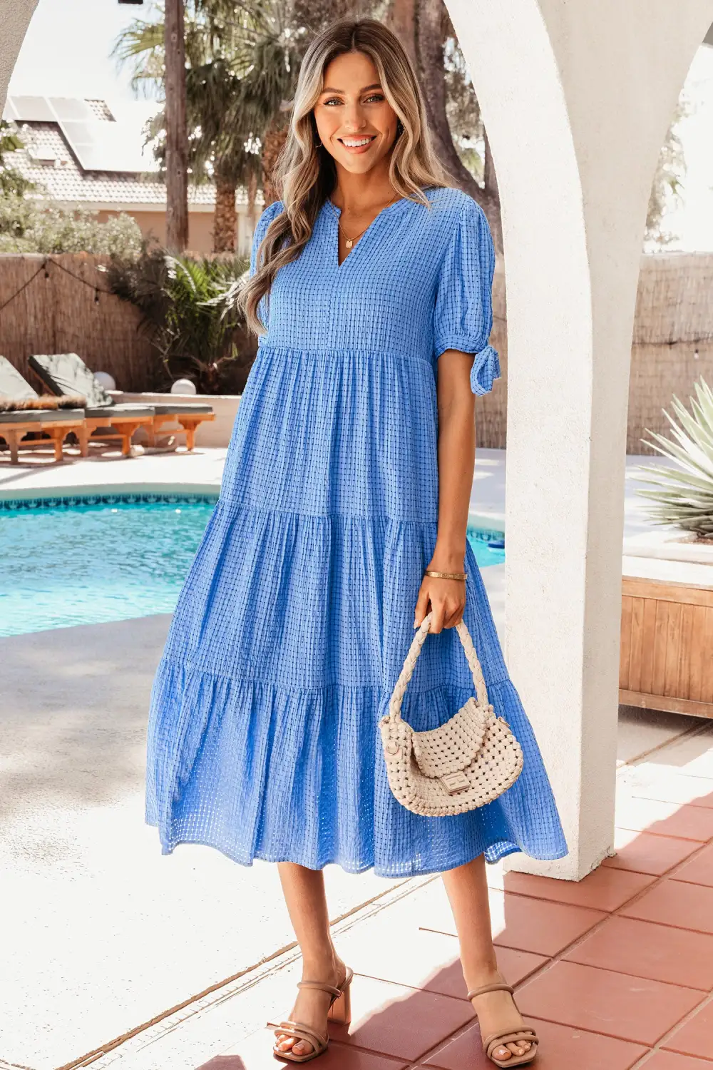 Relaxed Shape Plaid Tiered Short Sleeve Midi Dress