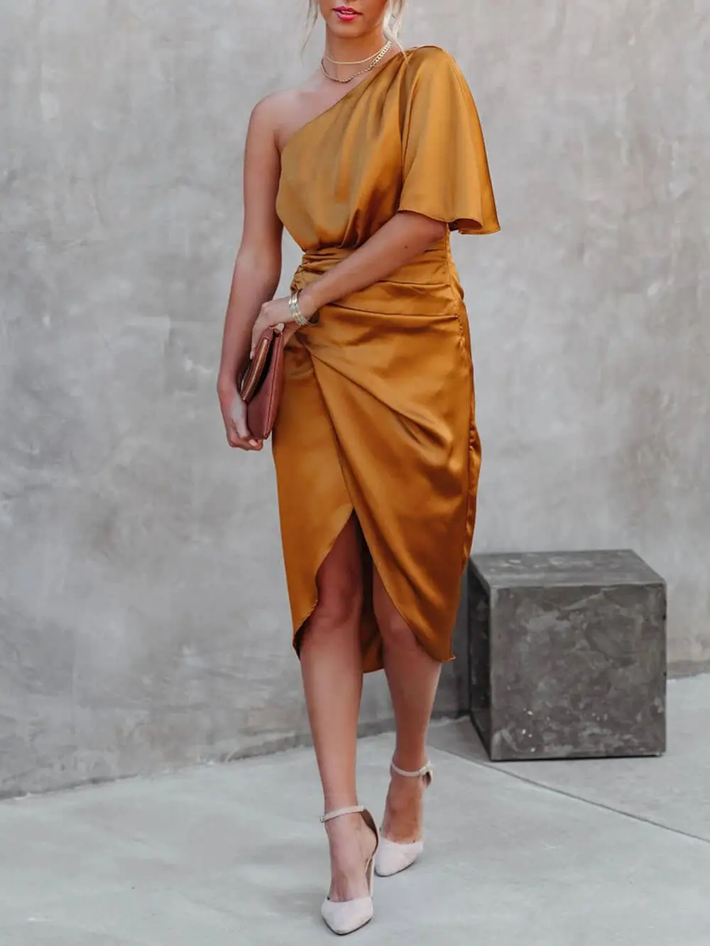 Single Sleeve Irregular Evening Midi Dress