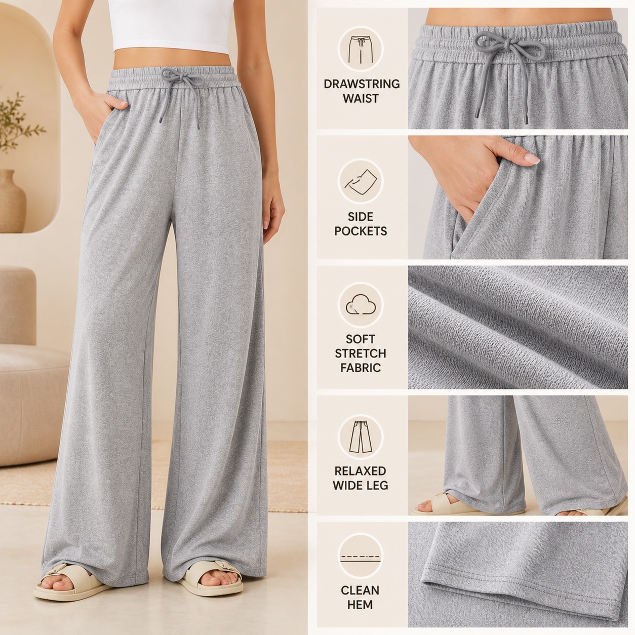 Women's High Waisted Drawstring Wide Leg Casual Pants detail breakdown