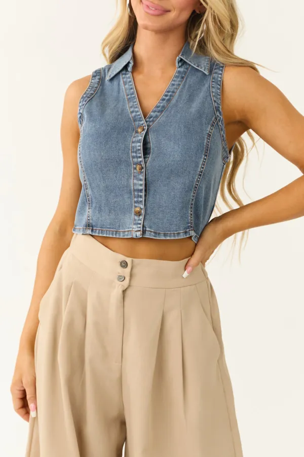 Medium Wash Denim Button Down Collared Vest