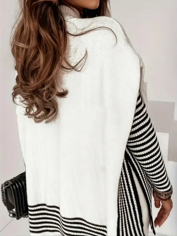 Women's Striped Patchwork Print Batwing Sleeve Split Hem Sweater