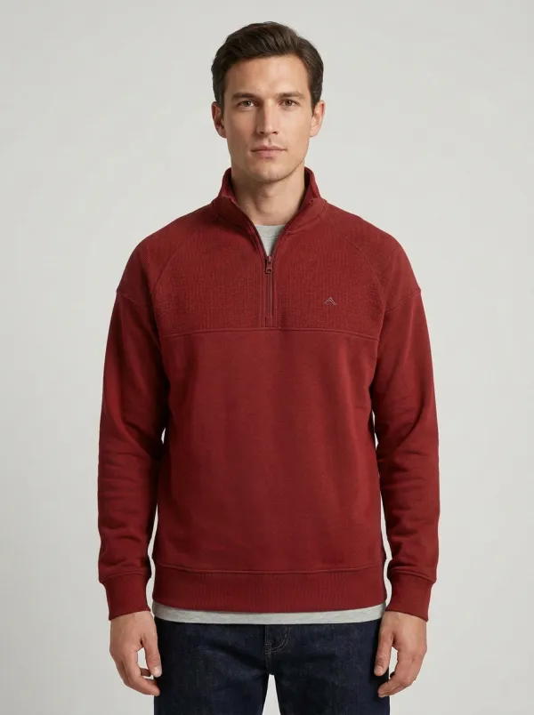 Men's Everyday Minimalist Textured Raglan Embroidered Emblem Stand-Collar Quarter-Zip Sweatshirt