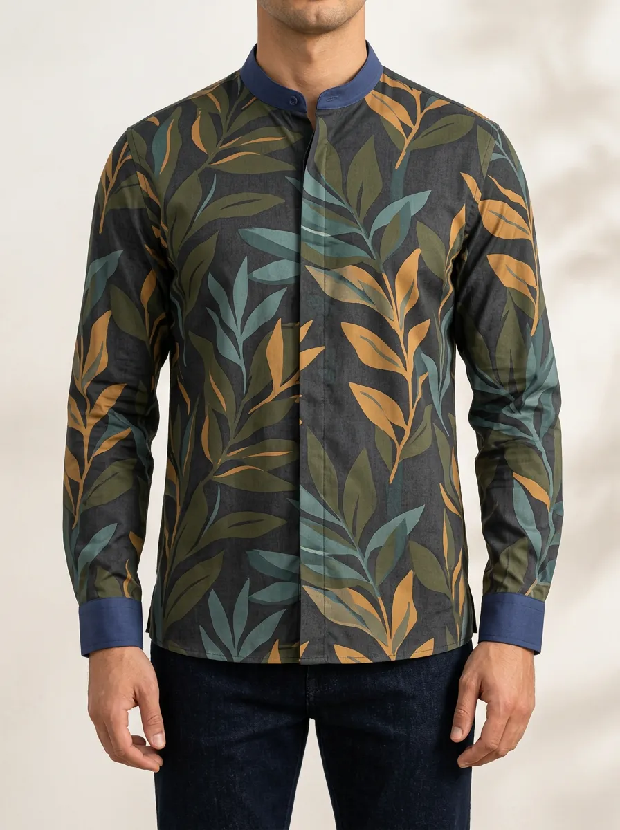 Men's Mandarin Collar Shirt with Botanical Print and Long Sleeves