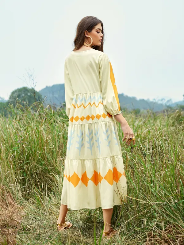 Geo Print Ruffle Hem Bishop Sleeve Dress