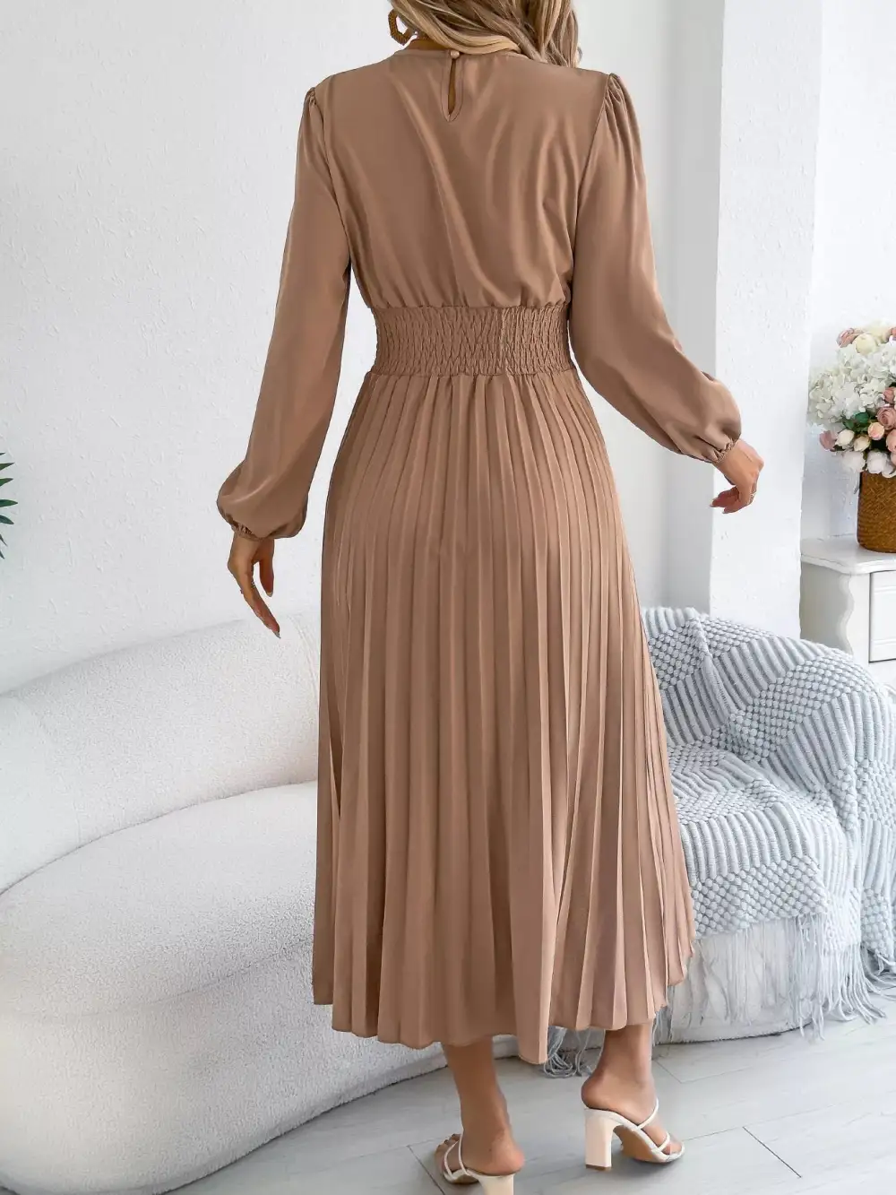Pleated Smocked Long Sleeve Midi Dress