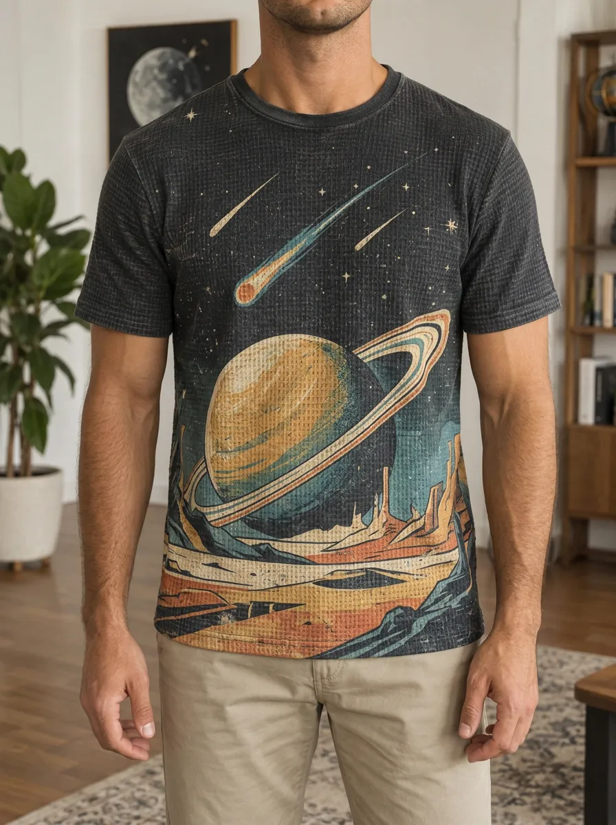 Men's Space Astronomy Saturn Comet Crew Neck T-Shirt