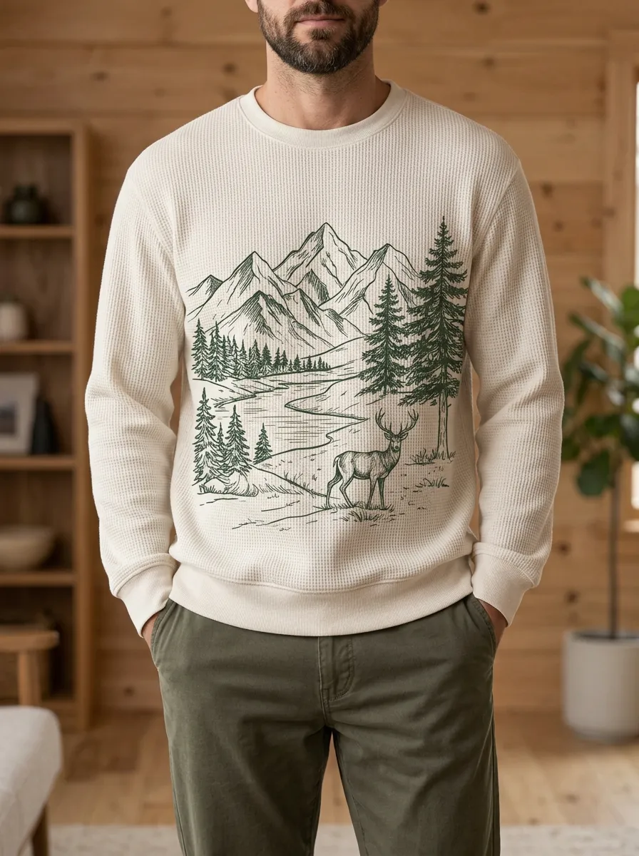Men's Nature Lover Deer Mountain Forest Printed Waffle Knit Sweatshirt