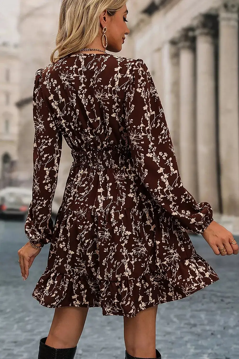 Ditsy Floral Print Split Neck Long Sleeve Shirred Waist Flared Mini Dress