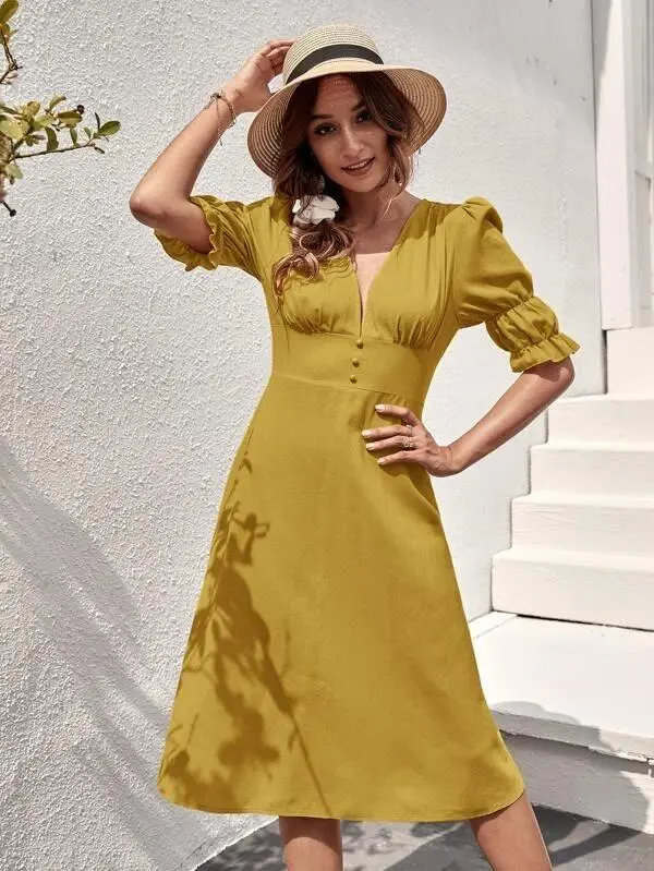 Women Ruffle Cuff Button Front Dress