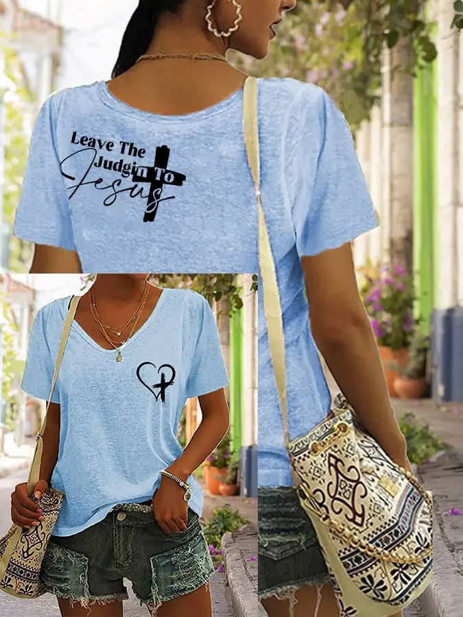 Women's Faith Cross Leave The Judgin To Jesus V-Neck T-Shirt