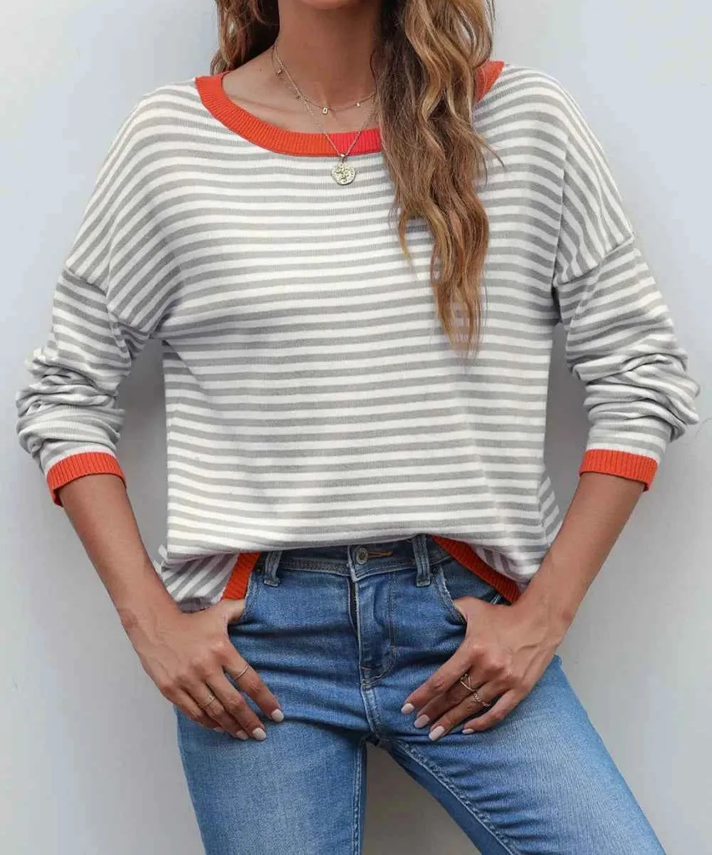 Striped Round Neck Drop Shoulder T-Shirt