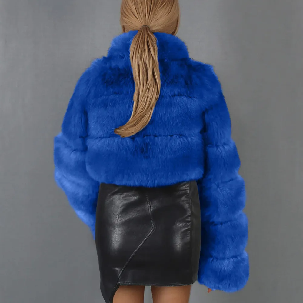 X1-Blue Faux Fur Coat Women with Hood Cropped Bubble Coats Fleece Short Warm Jackets Plus Size Winter Coats for Women