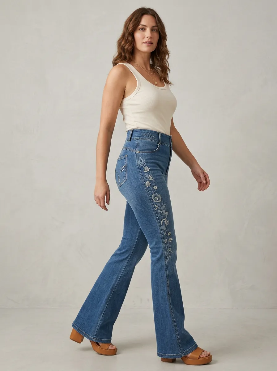 Women's Decorative Floral Embroidered Stitch Detail High Rise Flare Jeans